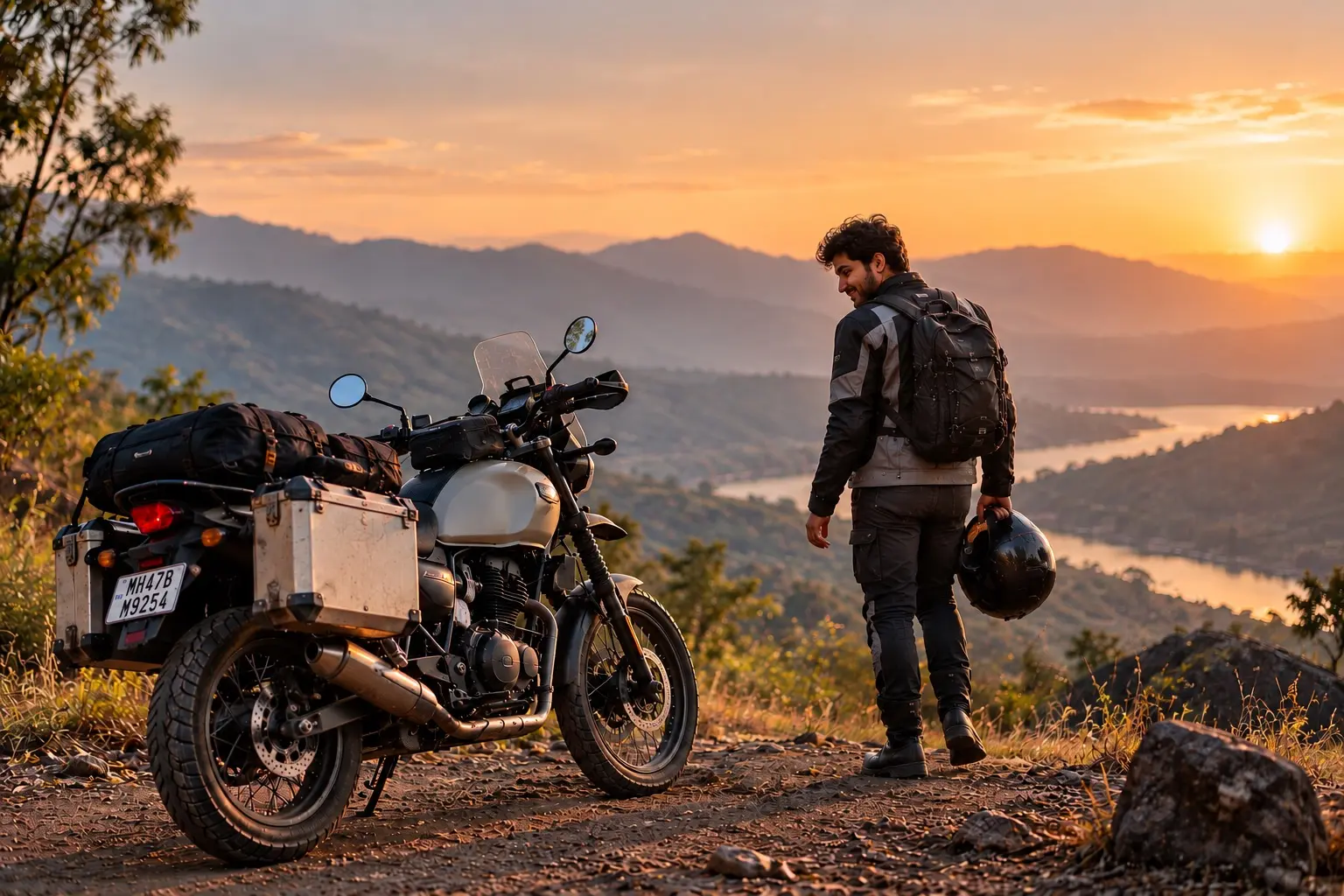 A rider glancing back at a motorcycle parked beside a quiet street