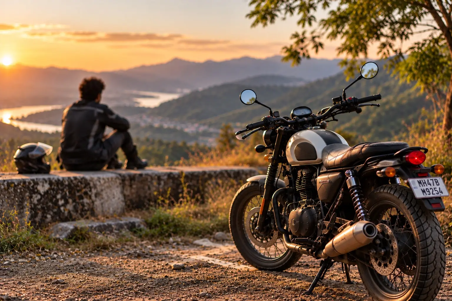 A well-used motorcycle parked after a journey with its rider resting nearby