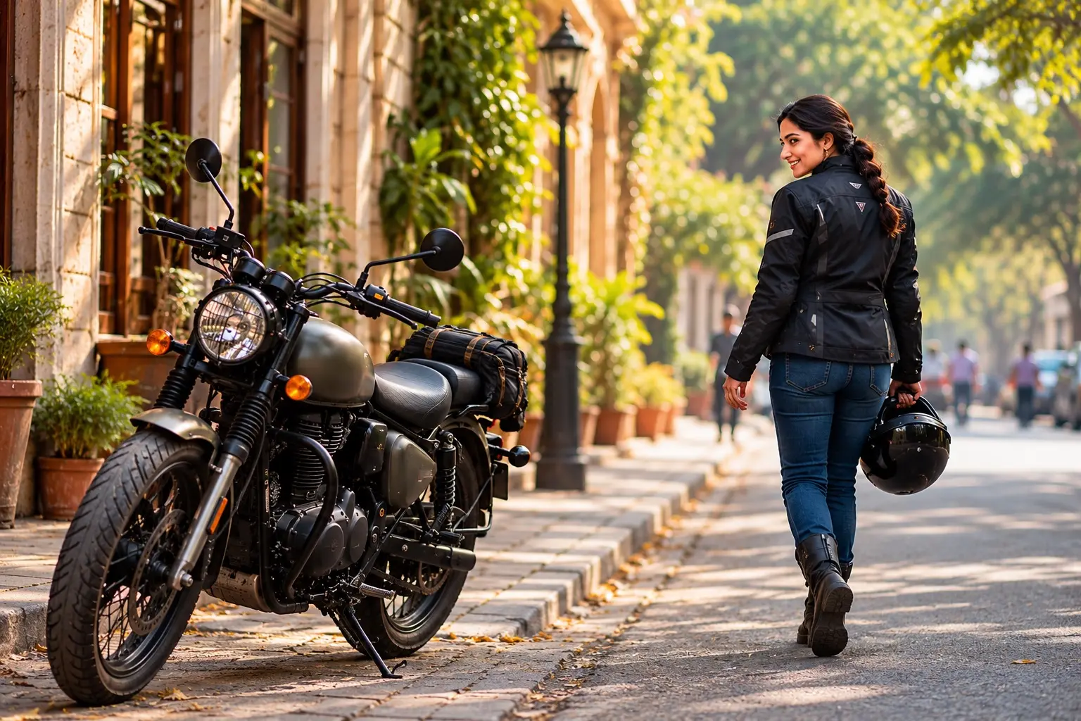 A rider looking back at a parked motorcycle while walking away on a quiet street