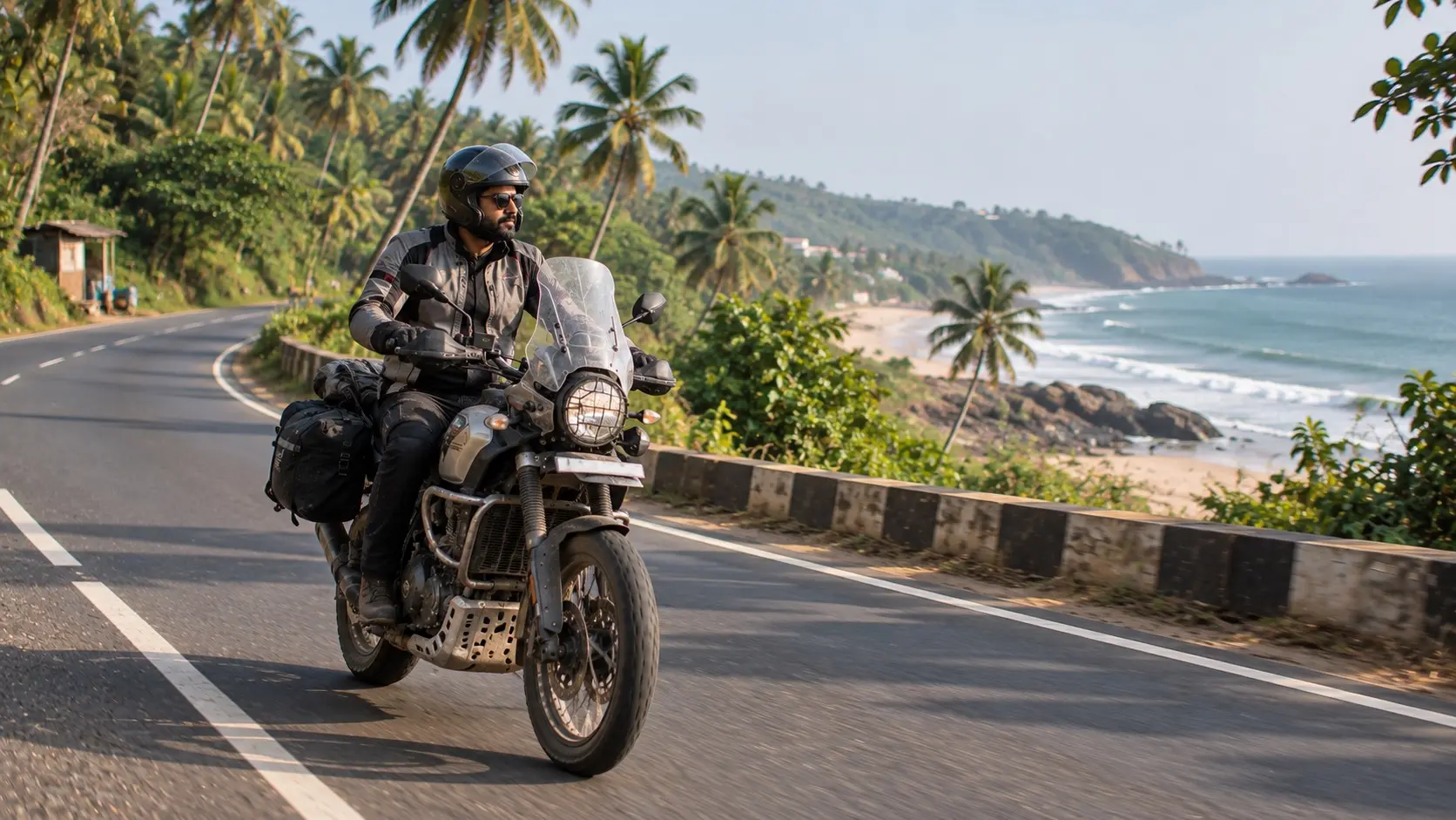 Rider travelling along a familiar coastal road in India