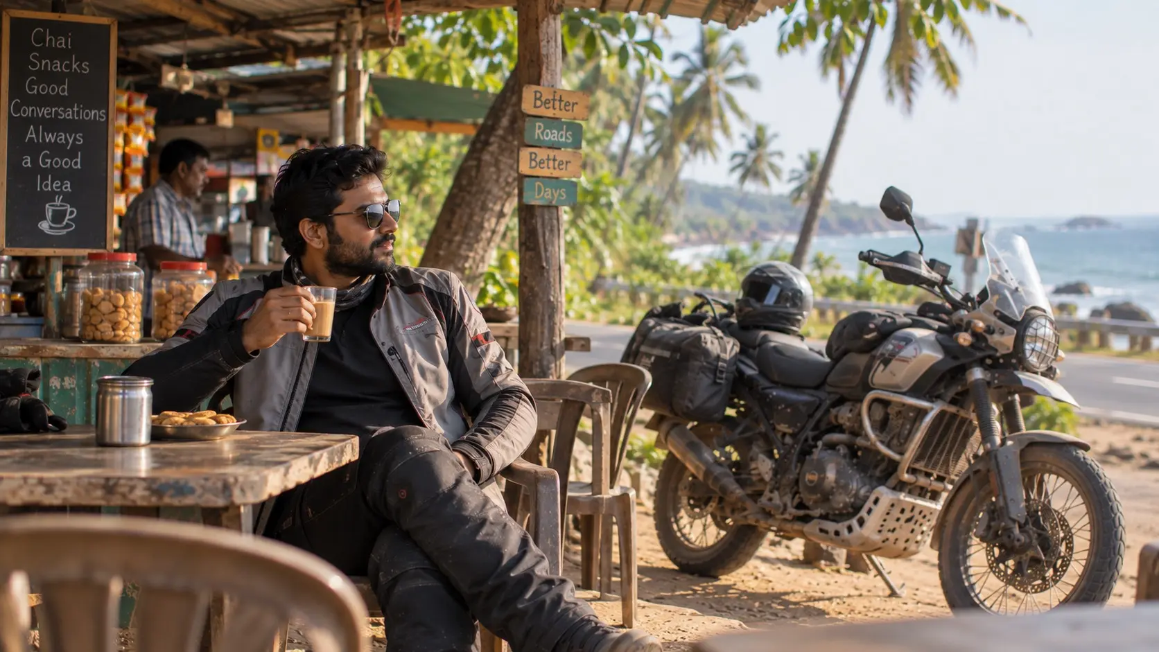 Rider enjoying tea beside a parked motorcycle at a quiet roadside stall