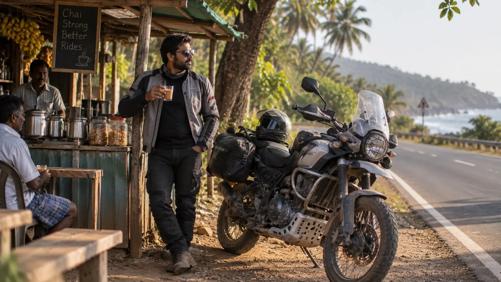 Rider standingbeside a parked adventure motorcycle at a familiar roadside tea stop.