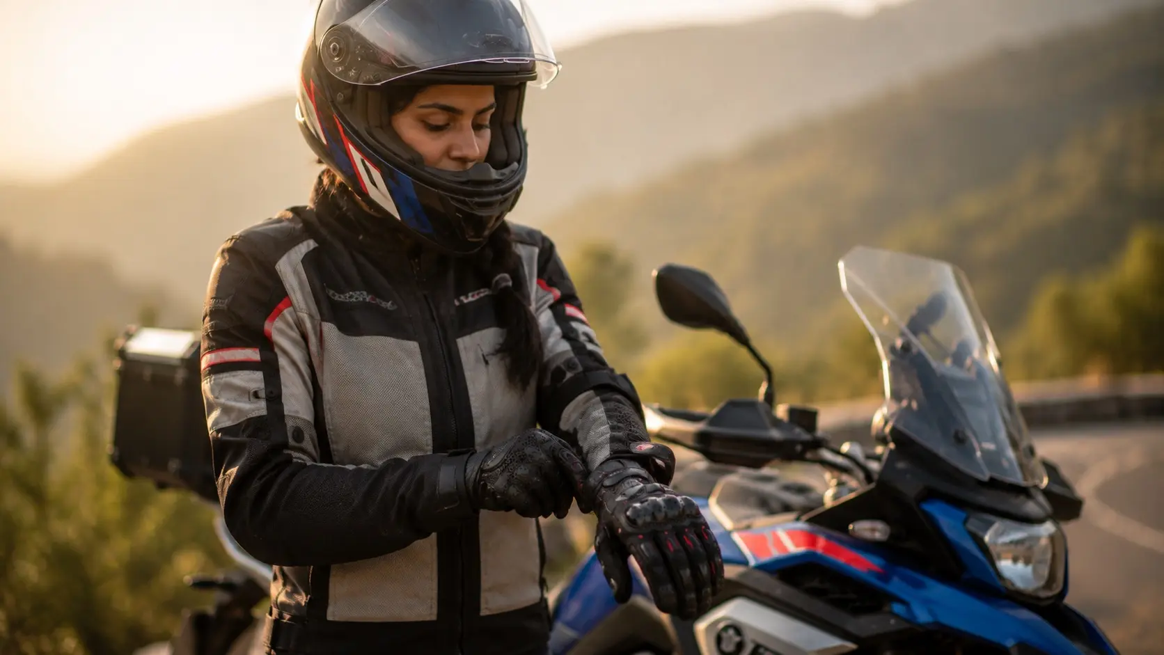 Motorcyclist putting on riding gloves before a ride.