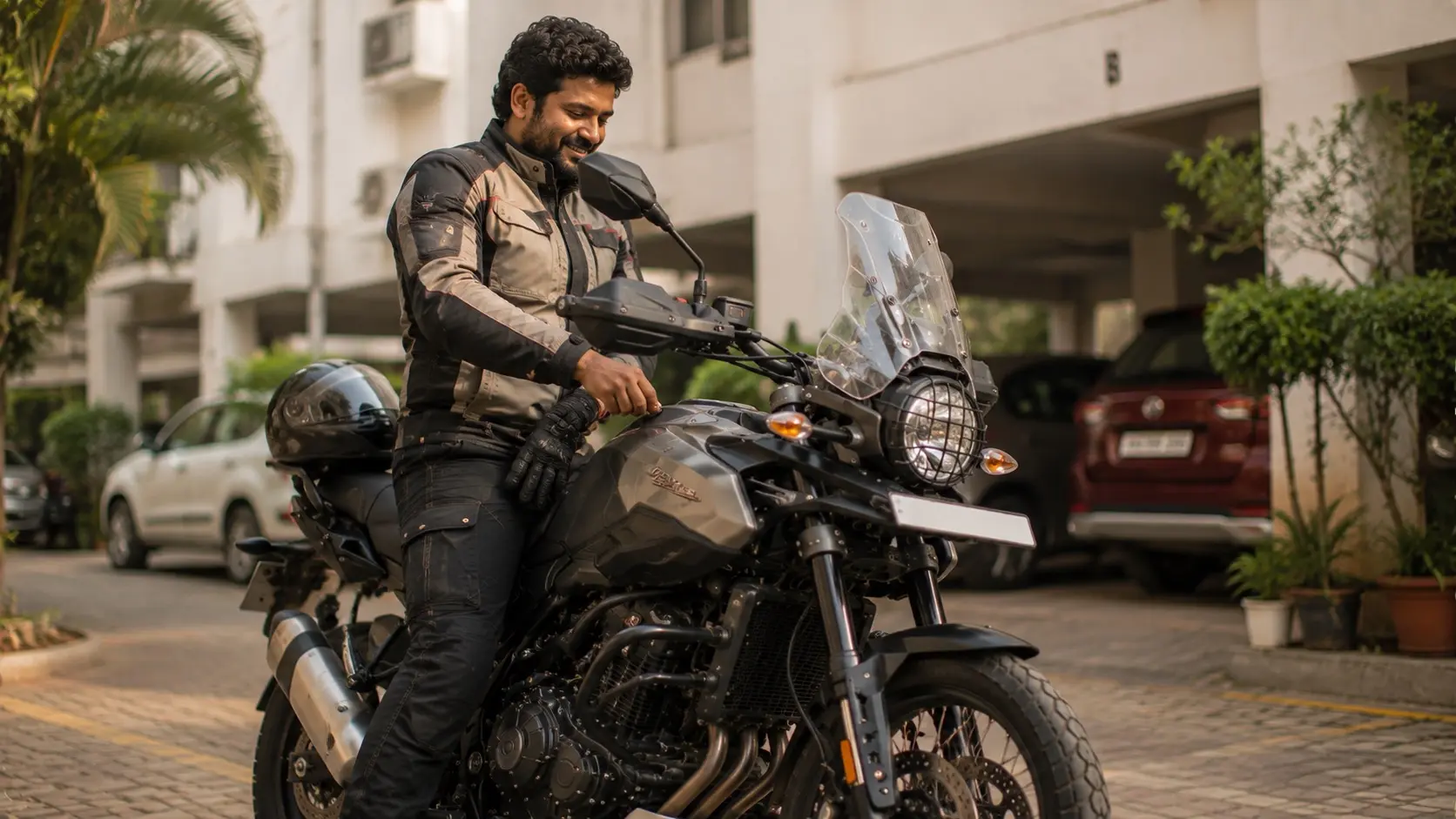 A rider returning home after a relaxed ride, smiling while parking the motorcycle in an apartment parking area.