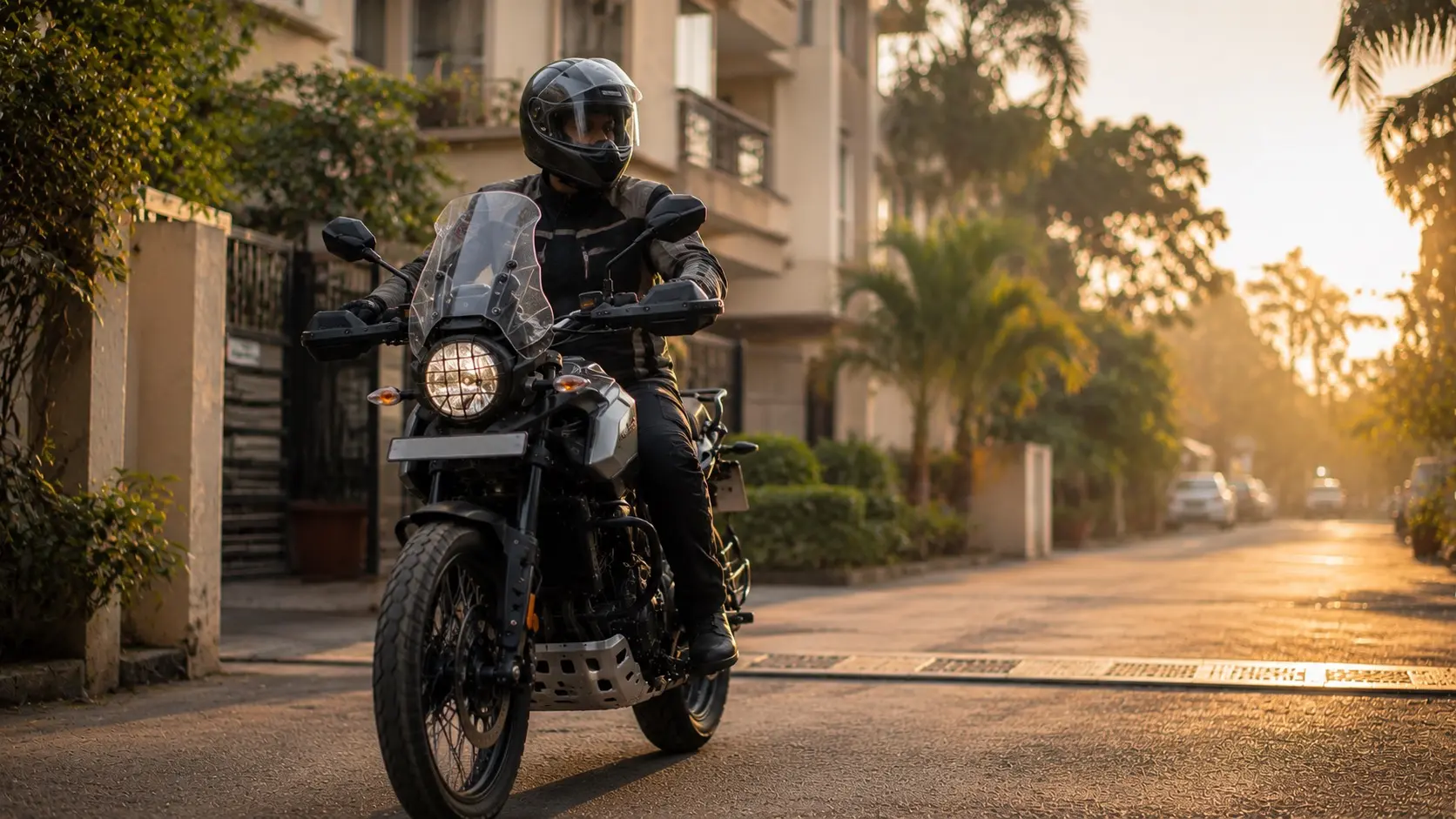 A rider setting off on a relaxed morning ride after preparing a well maintained motorcycle.