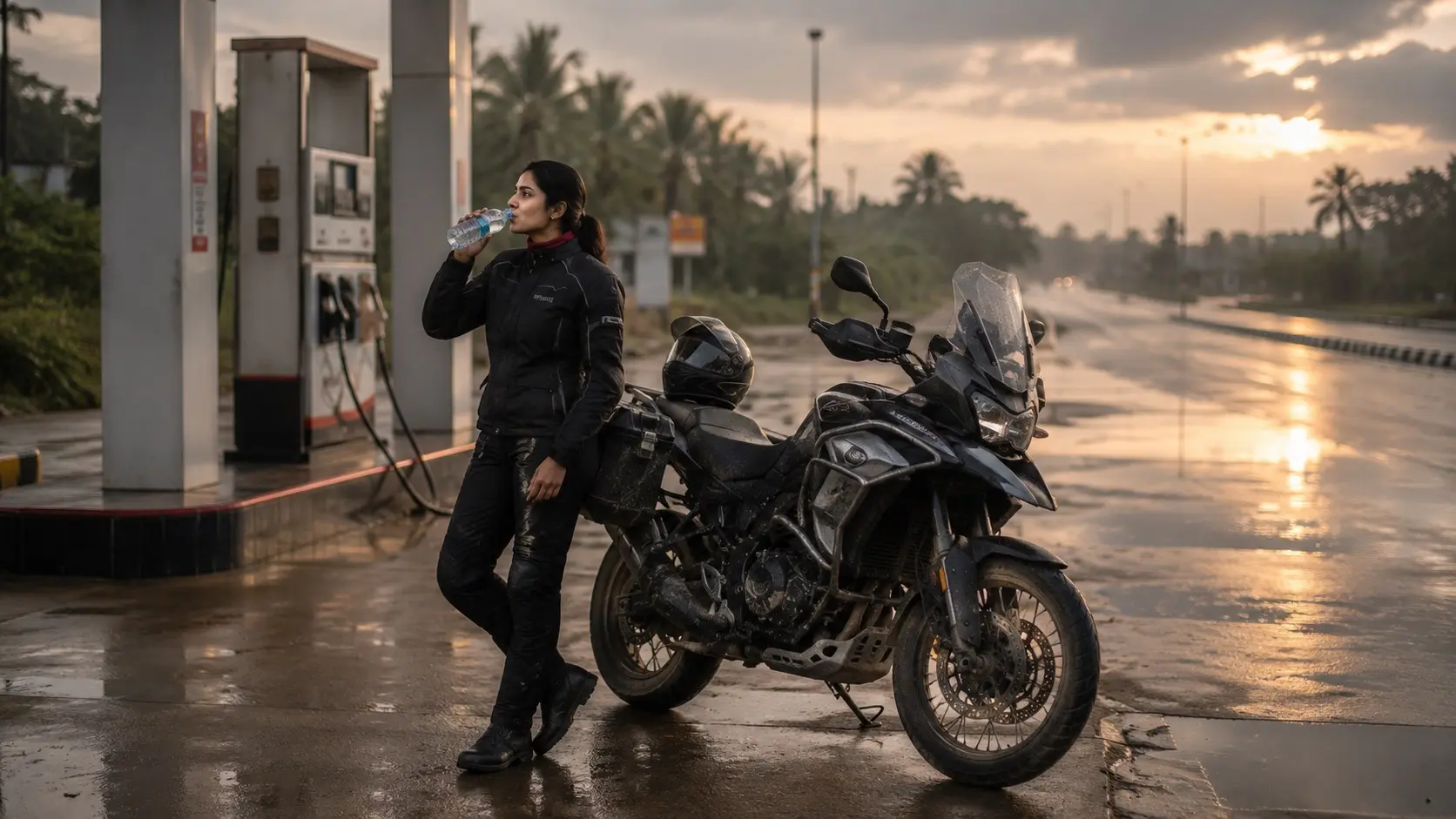 Motorcyclist pausing at a roadside fuel station after a demanding ride