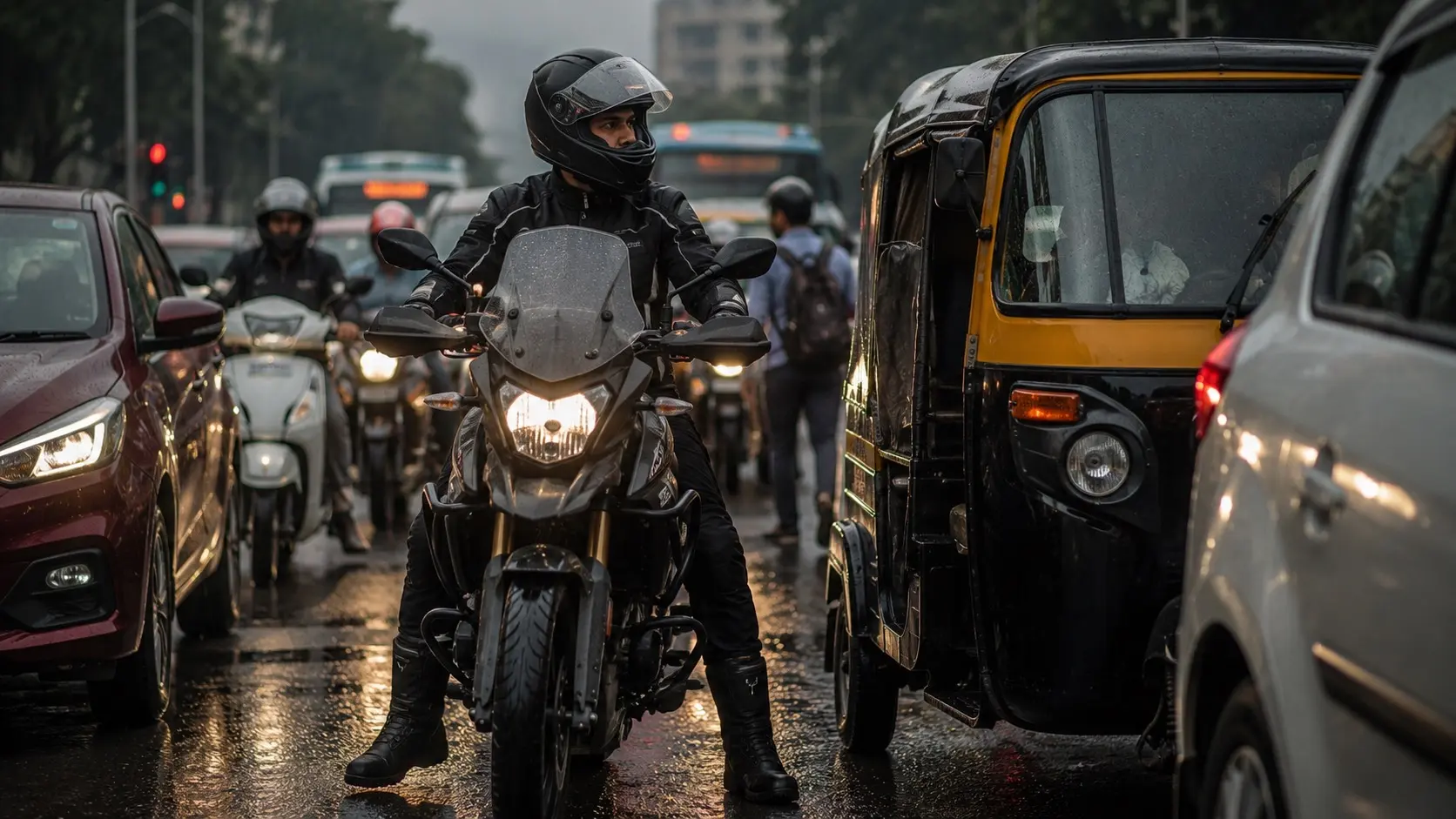 Motorcyclist navigating dense urban traffic with calm focus and awareness